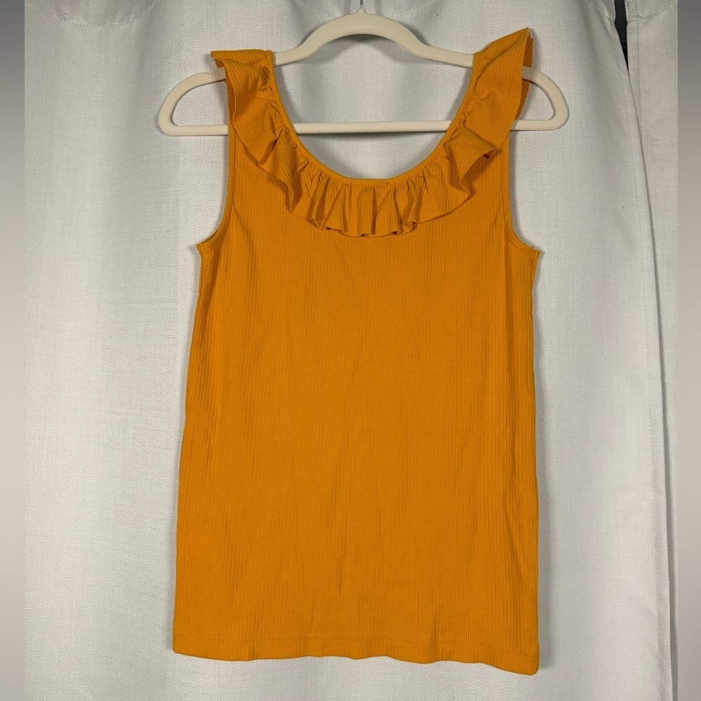 J Crew Ribbed Ruffle Tank Top in Marigold Yellow Orange Size Small - Picture 4 of 6